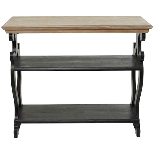 Black Wood Scroll Side Frames 2 Shelves Console Table with Brown Wood Top 38" x 15" x 32"
